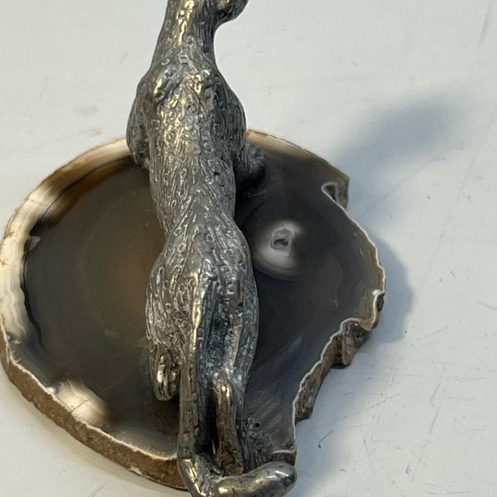 Vintage Metal Panther Figurine on Agate Slice Base Wildlife Statue Decor - Picture 4 of 4